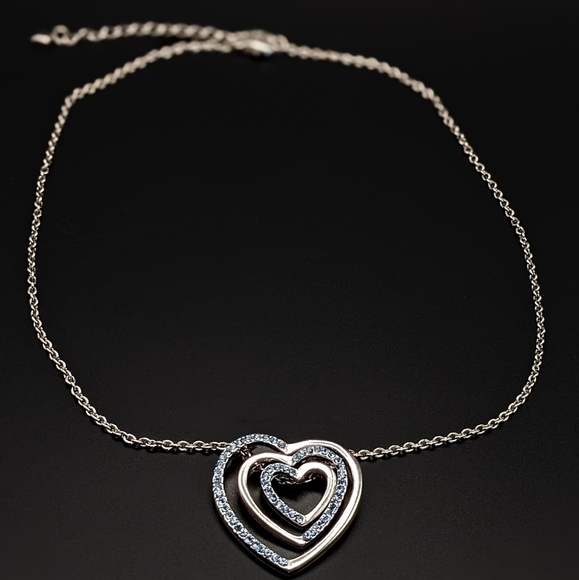 TRIPLE Heart Necklace With Blue Crystal Accents In Silver Tone - Picture 5 of 7